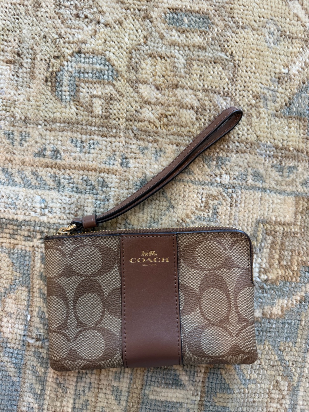 Coach Brown Signature Canvas Wristlet with Leather Strap